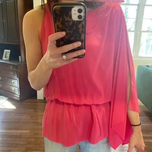 BCBG hot pink one sleeve faux silk tunic